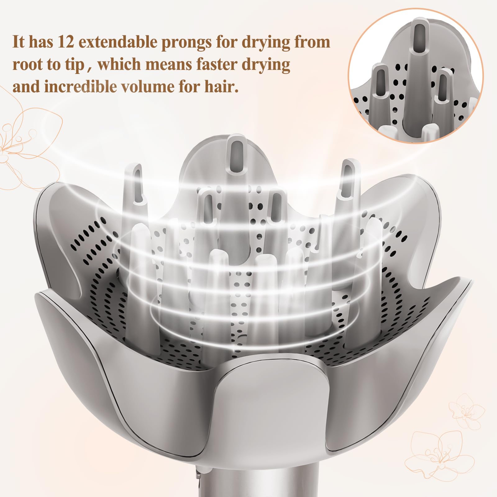 Fabmira flower-shaped airflow system enhances curl definition and smoothness.
