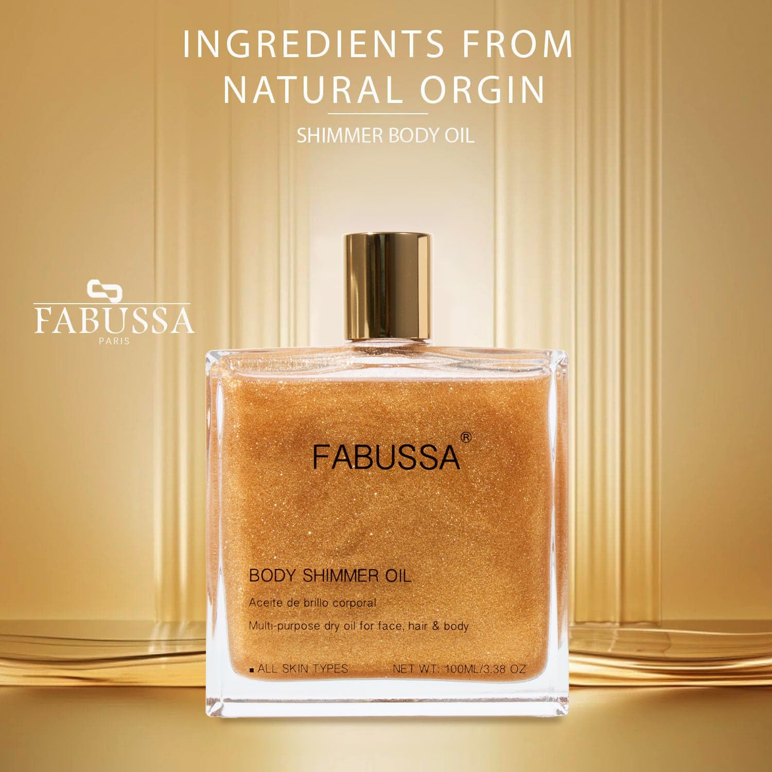 Fabussa Aceite Brillo Corporal ofrece textura seca y secado rápido para uso diario.