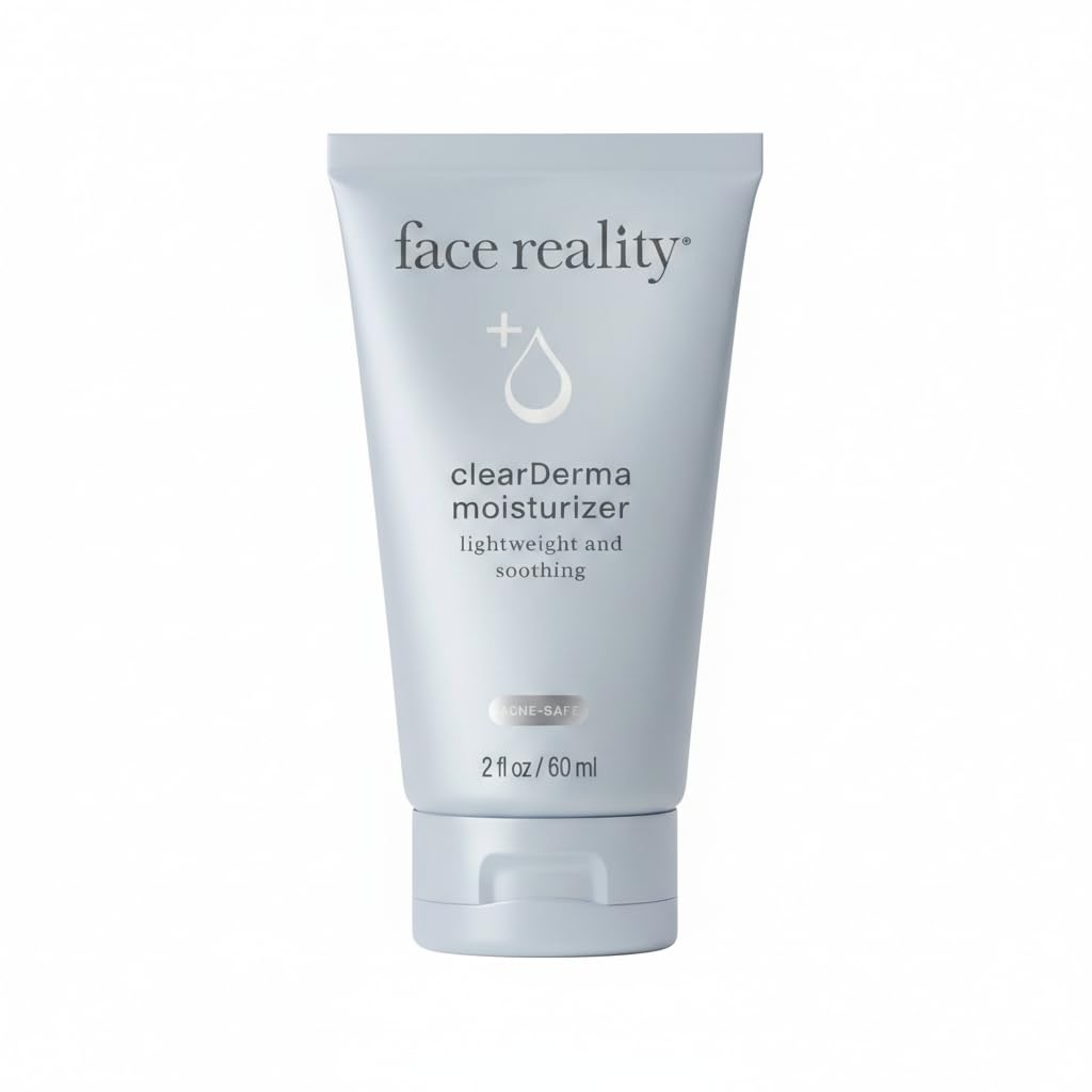 Face Reality Clearderma Moisturizer bottle highlights lightweight hydration for acne-prone skin.
