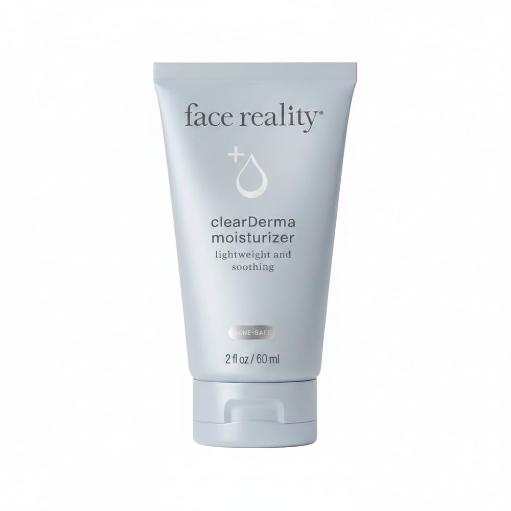 Face Reality Clearderma Moisturizer bottle highlights lightweight hydration for acne-prone skin.