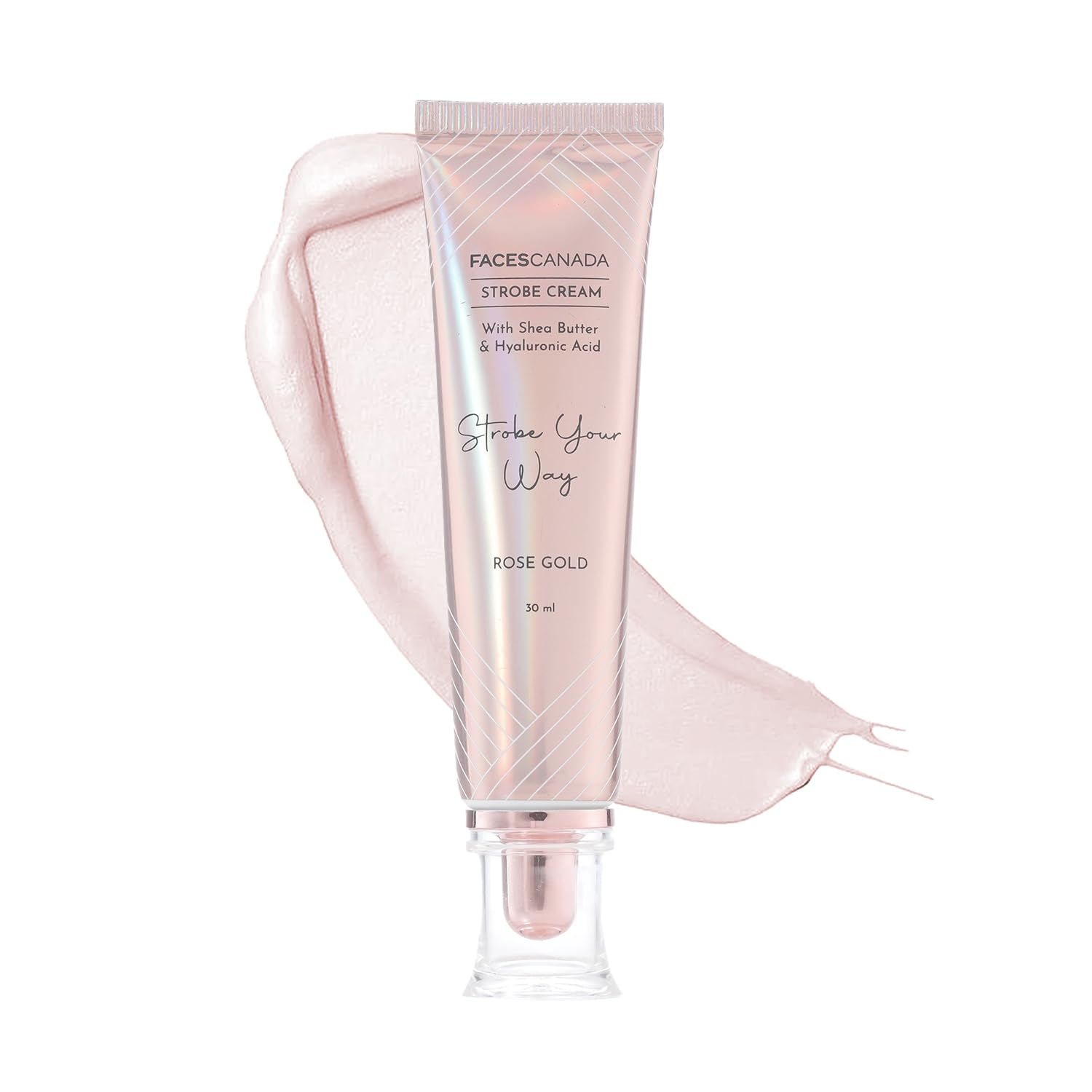 FACESCANADA Strobe Cream Rosa Dorado: botella frontal para base iluminadora y piel radiante.