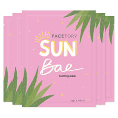 FACETORY Sun Bae soothing mask packaging highlights aloe hydration for refreshed skin.