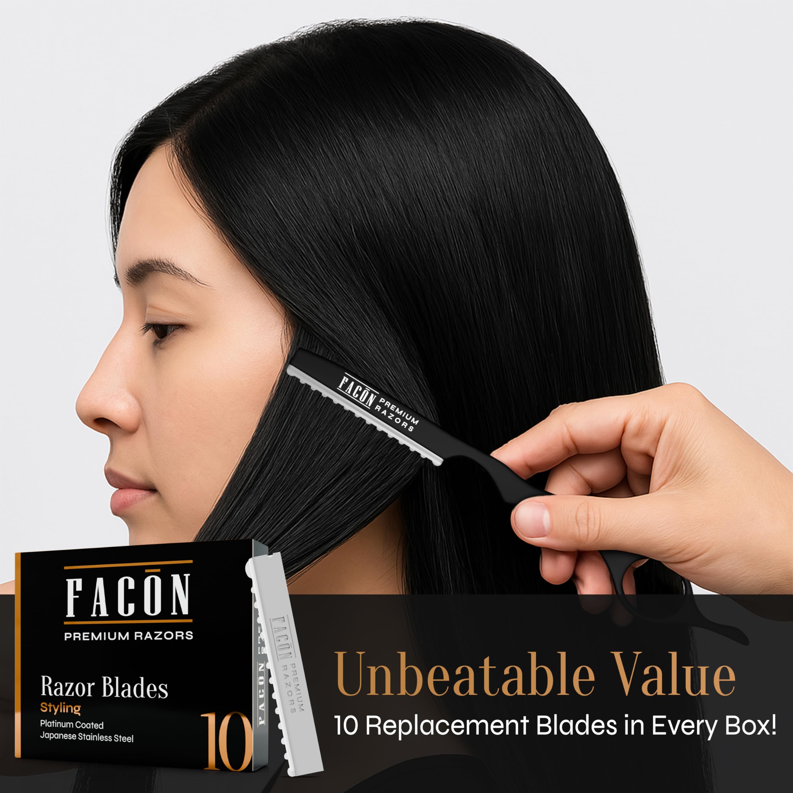 FACON Faether thinning razor function showcased for subtle texture and blending.