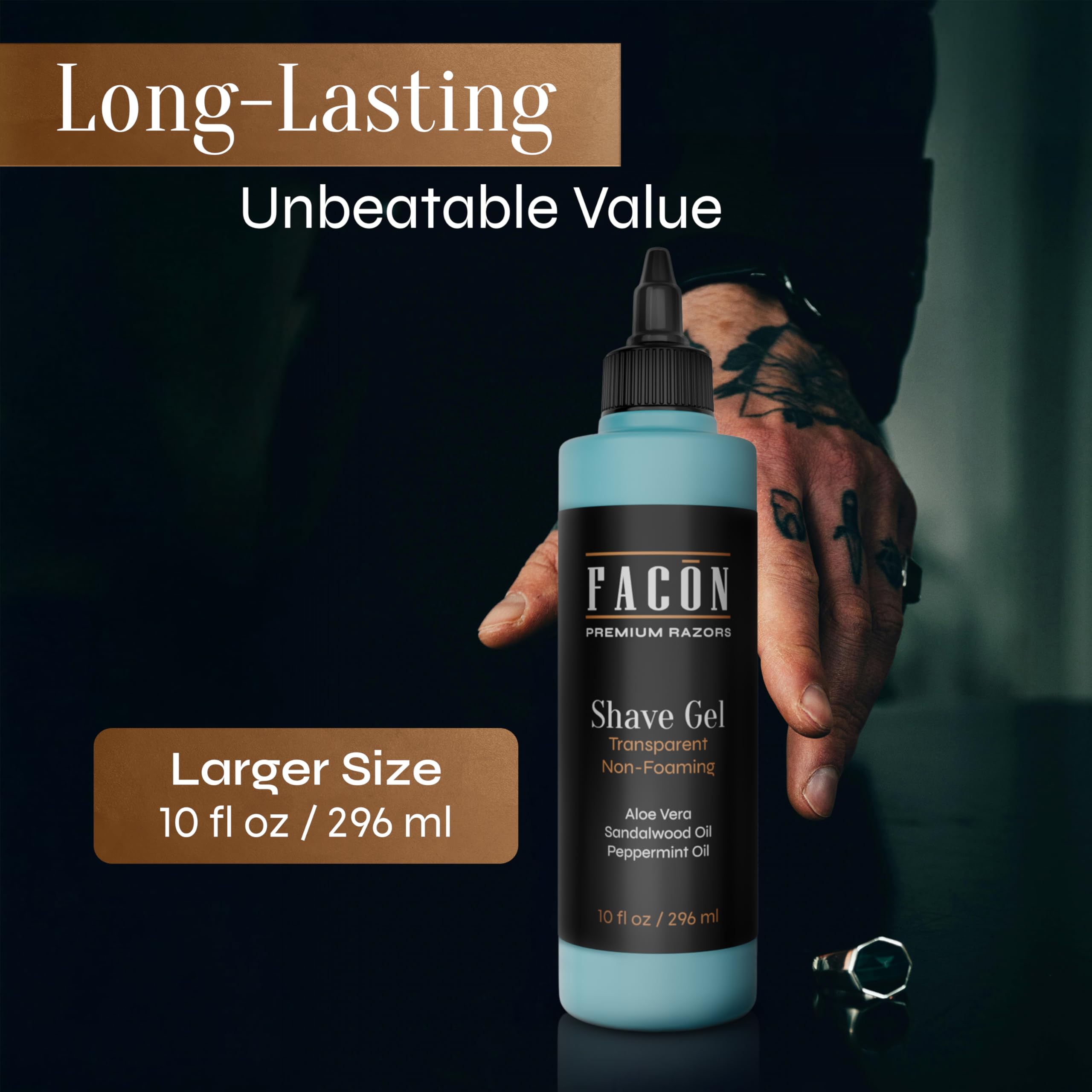 Facón transparent gel enables straight razor precision and visibility.