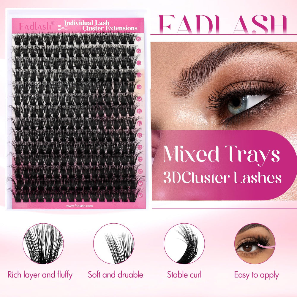 FADLASH 3D cluster eyelashes 12-18mm for layered, fuller eyes.