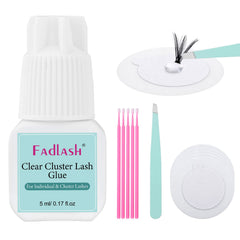FADLASH lash cluster glue bottle close-up showing fast-drying action.