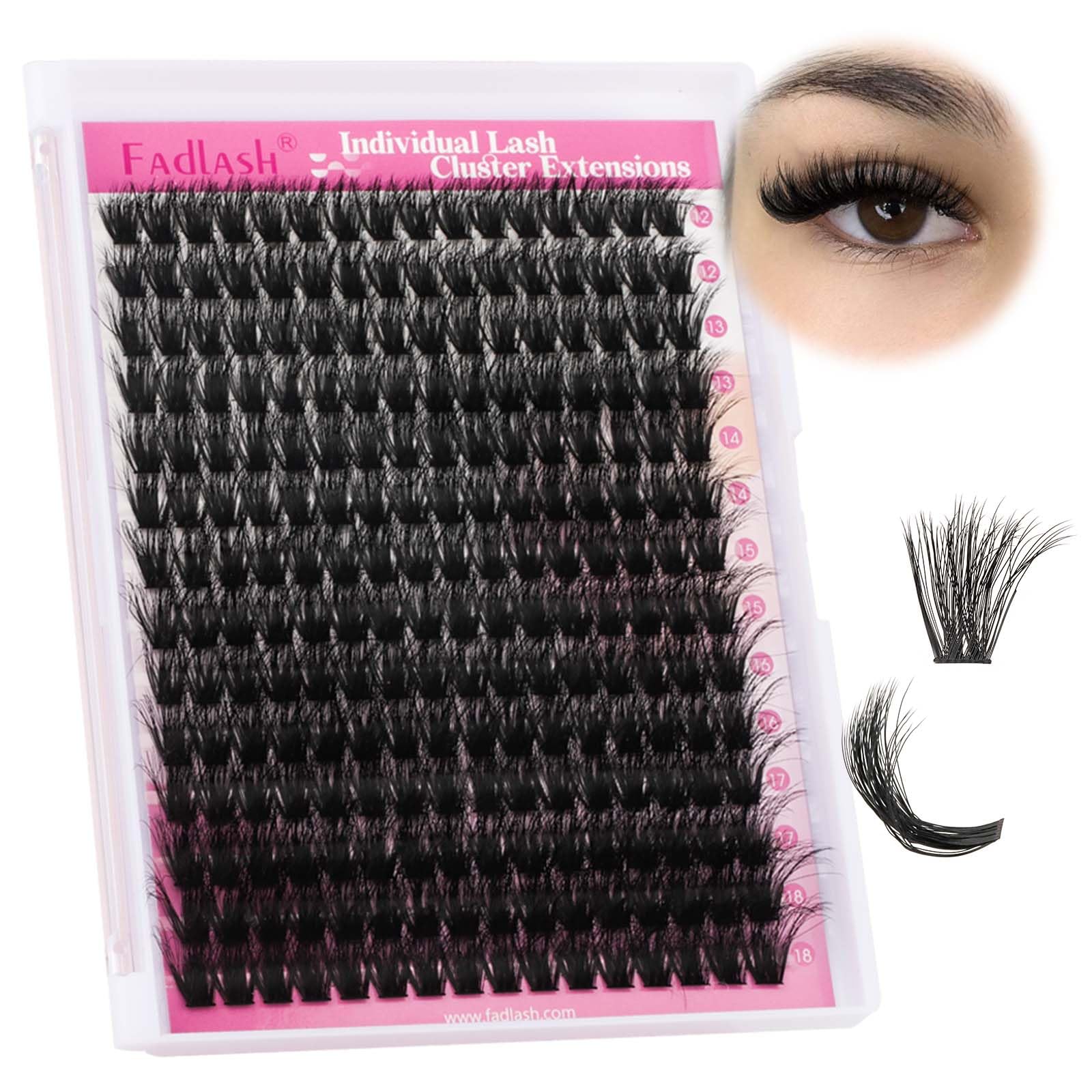 FADLASH lash clusters 100D fluffy 12-18mm for a natural long-lasting look.
