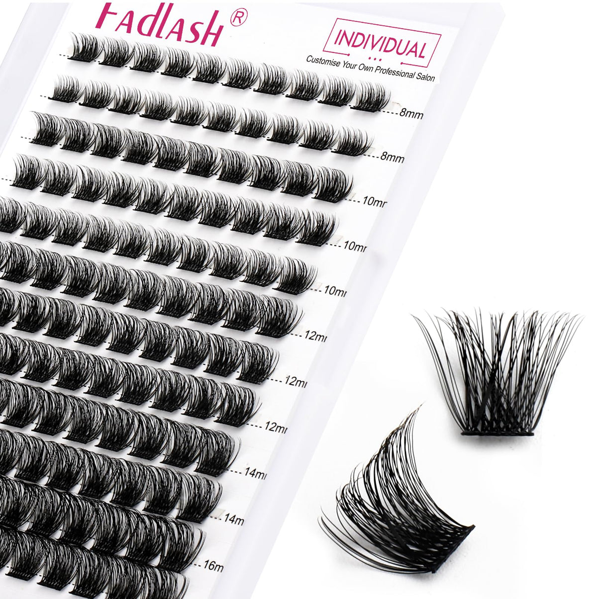 FADLASH lash clusters 144 pieces with D curl for versatile eye looks.