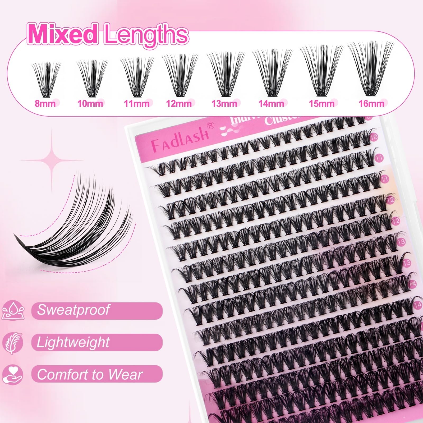 FADLASH lash clusters 8-16mm for versatile eye shapes.