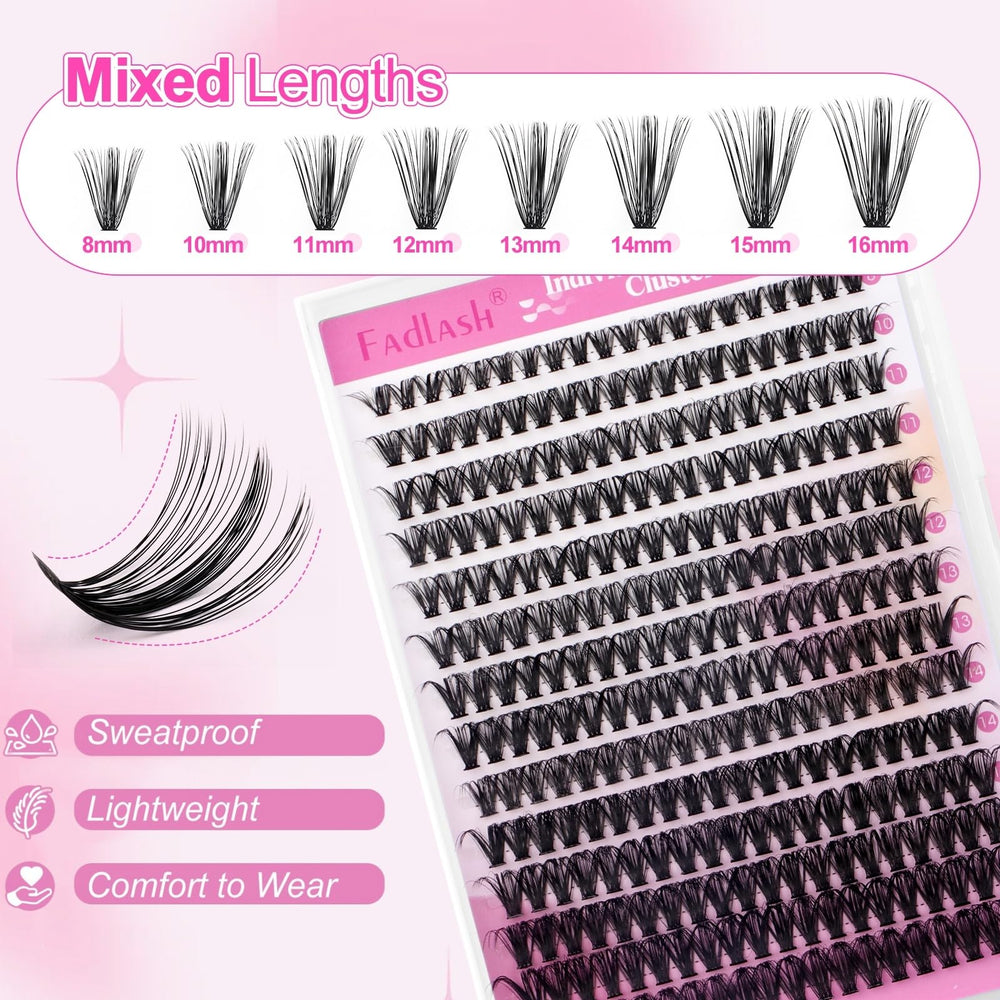 FADLASH lash clusters 8-16mm for versatile eye shapes.
