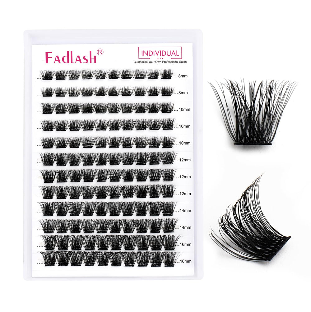 Close-up of FADLASH lash clusters showing D curl and fine fibers.