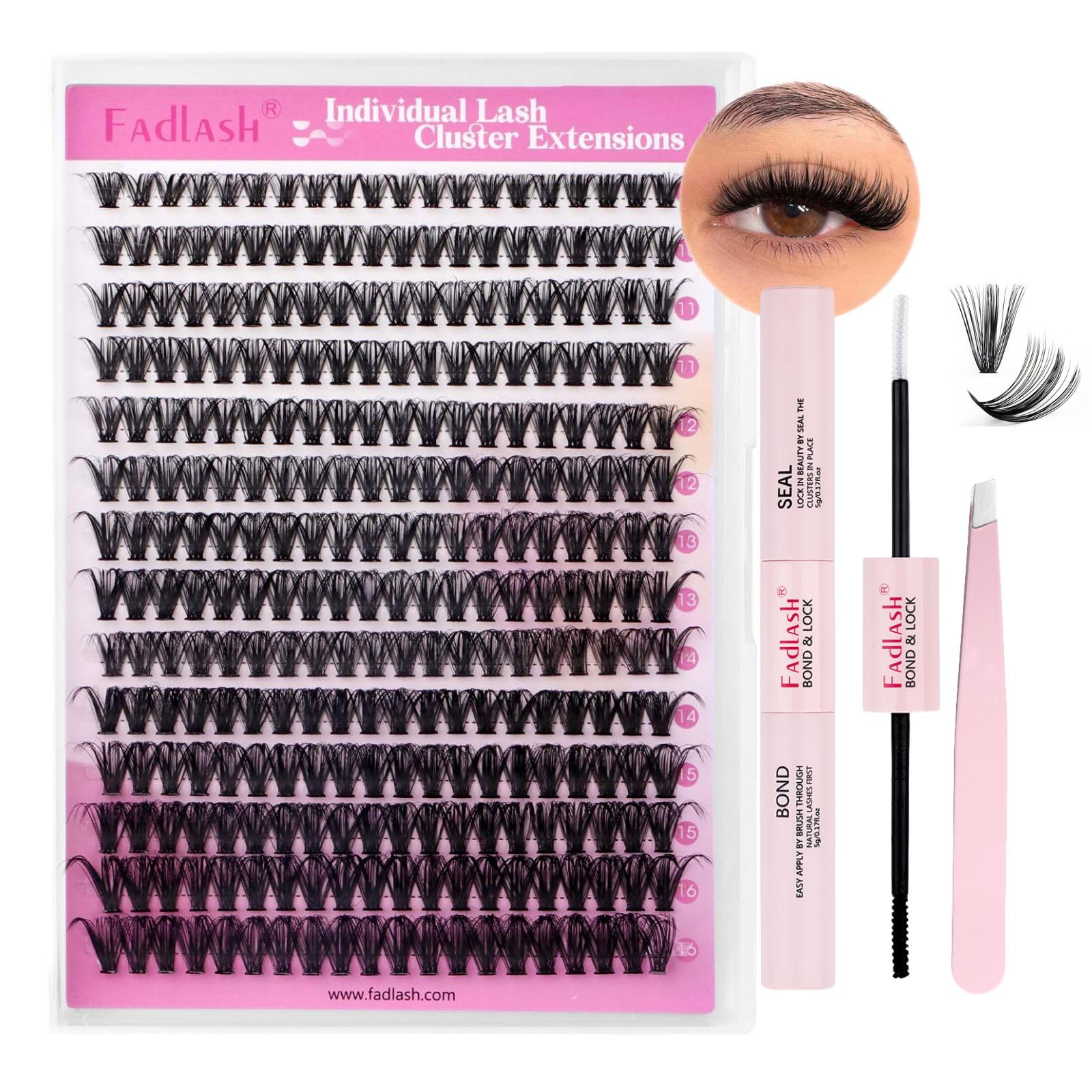 FADLASH lash clusters kit tray with varied lengths for customizable looks.