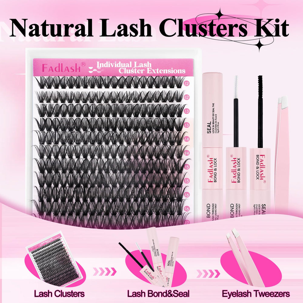 FADLASH lash clusters featuring 12–18mm lengths for versatile styling.