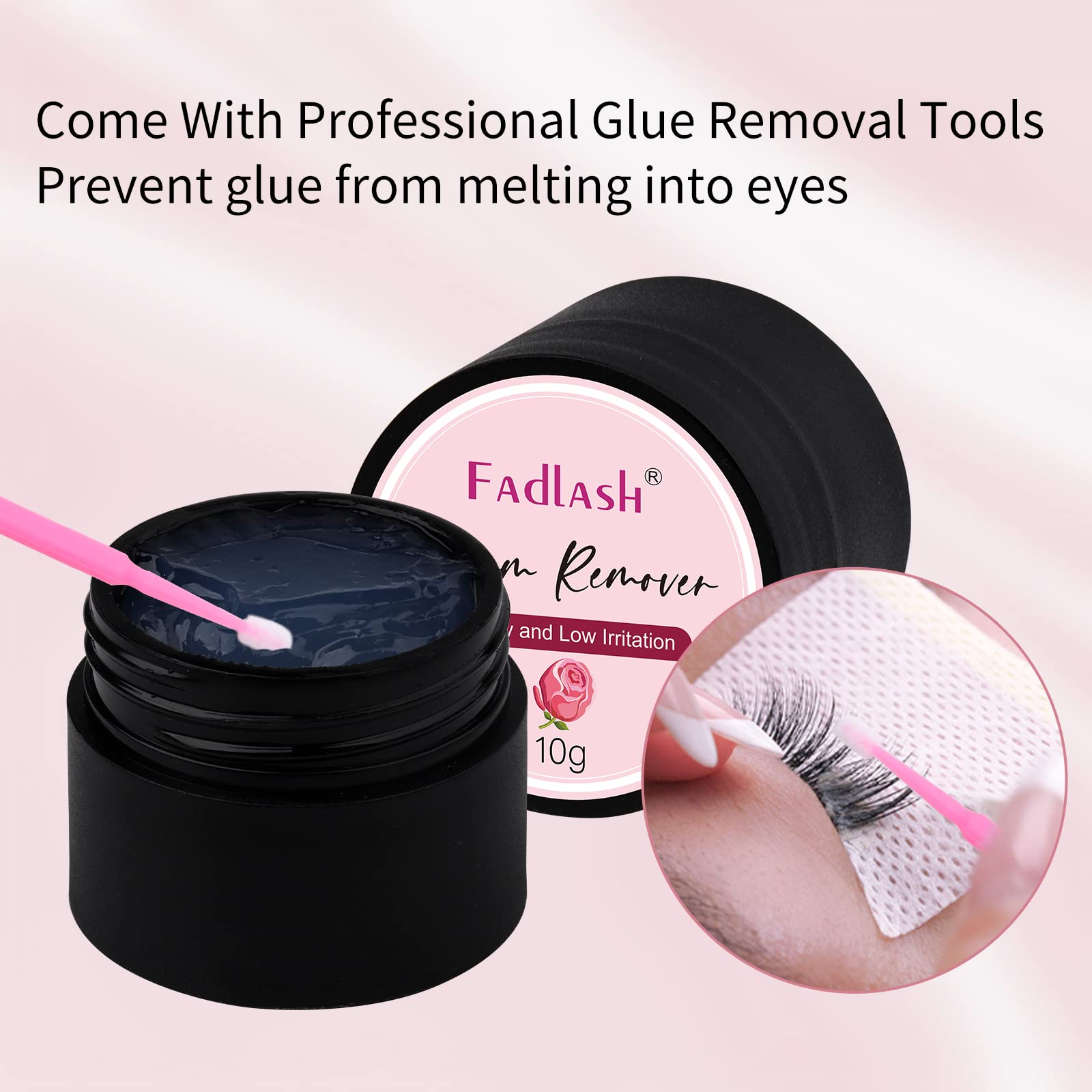 Professional salon setup with FADLASH remover bottle for removal services.