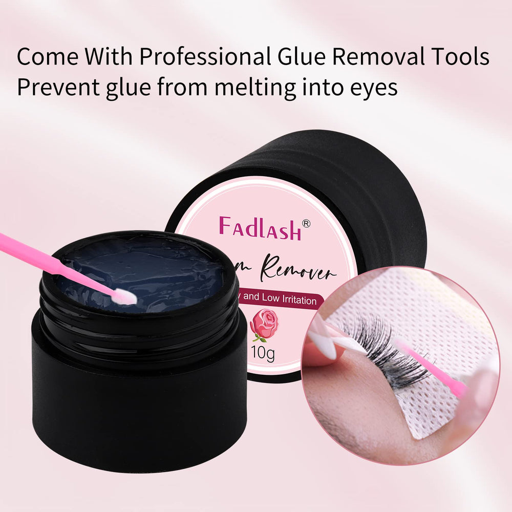Professional salon setup with FADLASH remover bottle for removal services.