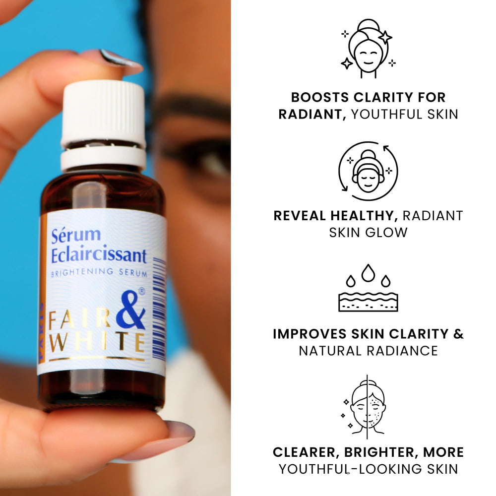 FAIR & WHITE Original Serum tono de piel uniforme, enfoque en zonas afectadas.