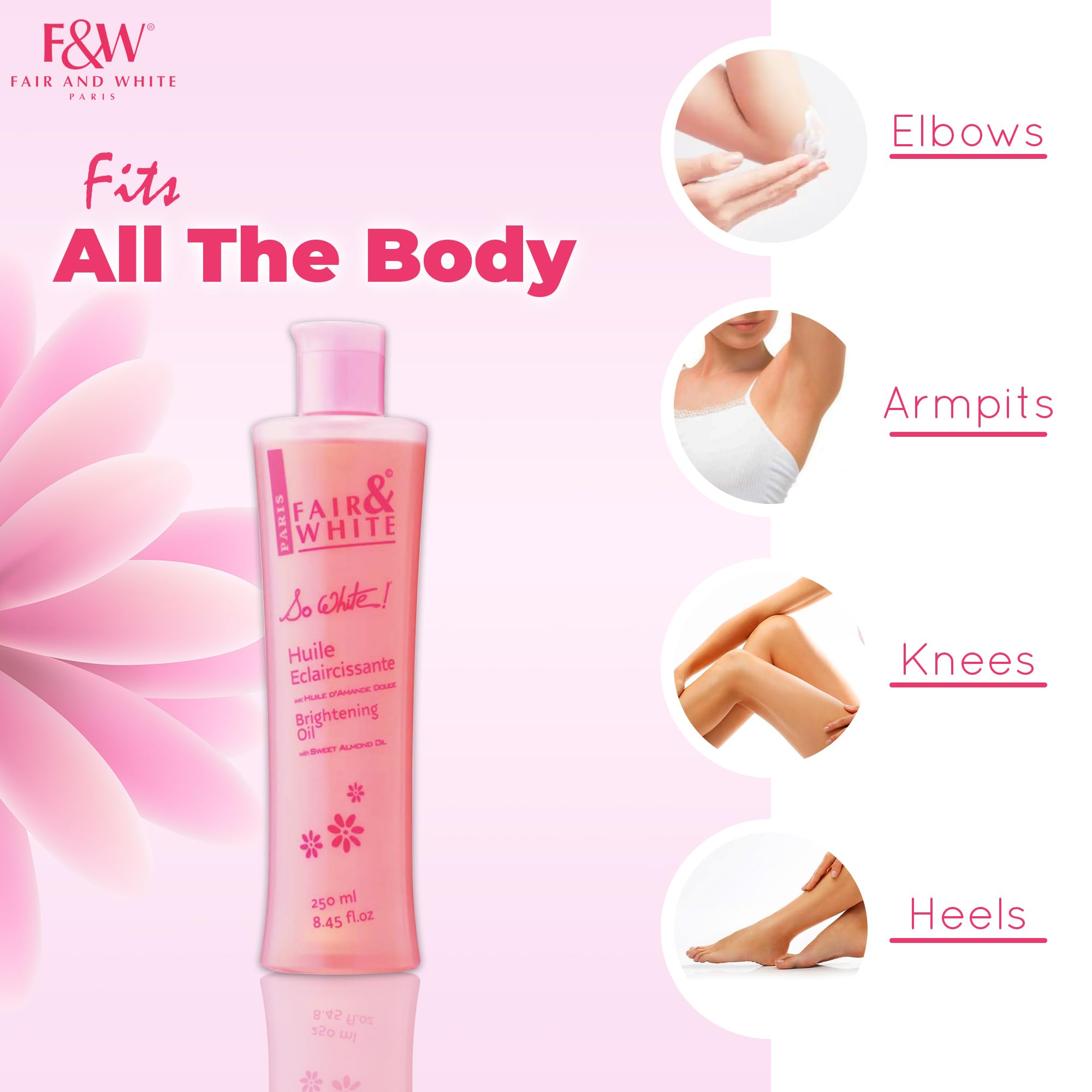 Ingredient list for FAIR & WHITE So White Body Oil featuring almond oil and Vitamin E.