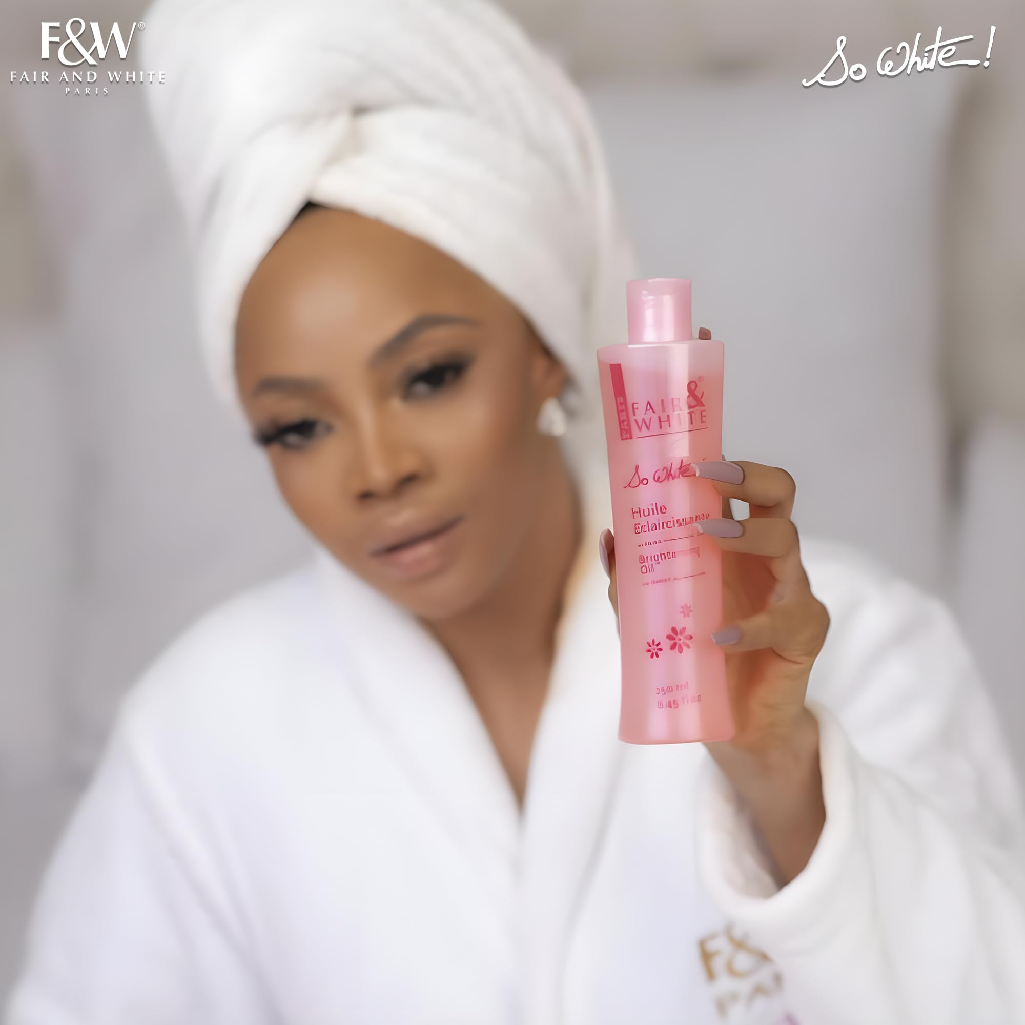FAIR & WHITE So White Body Oil packaging bathed in light for luminous skin.