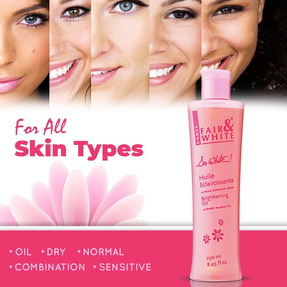 Close-up texture of FAIR & WHITE So White Body Oil indicating rich hydration.