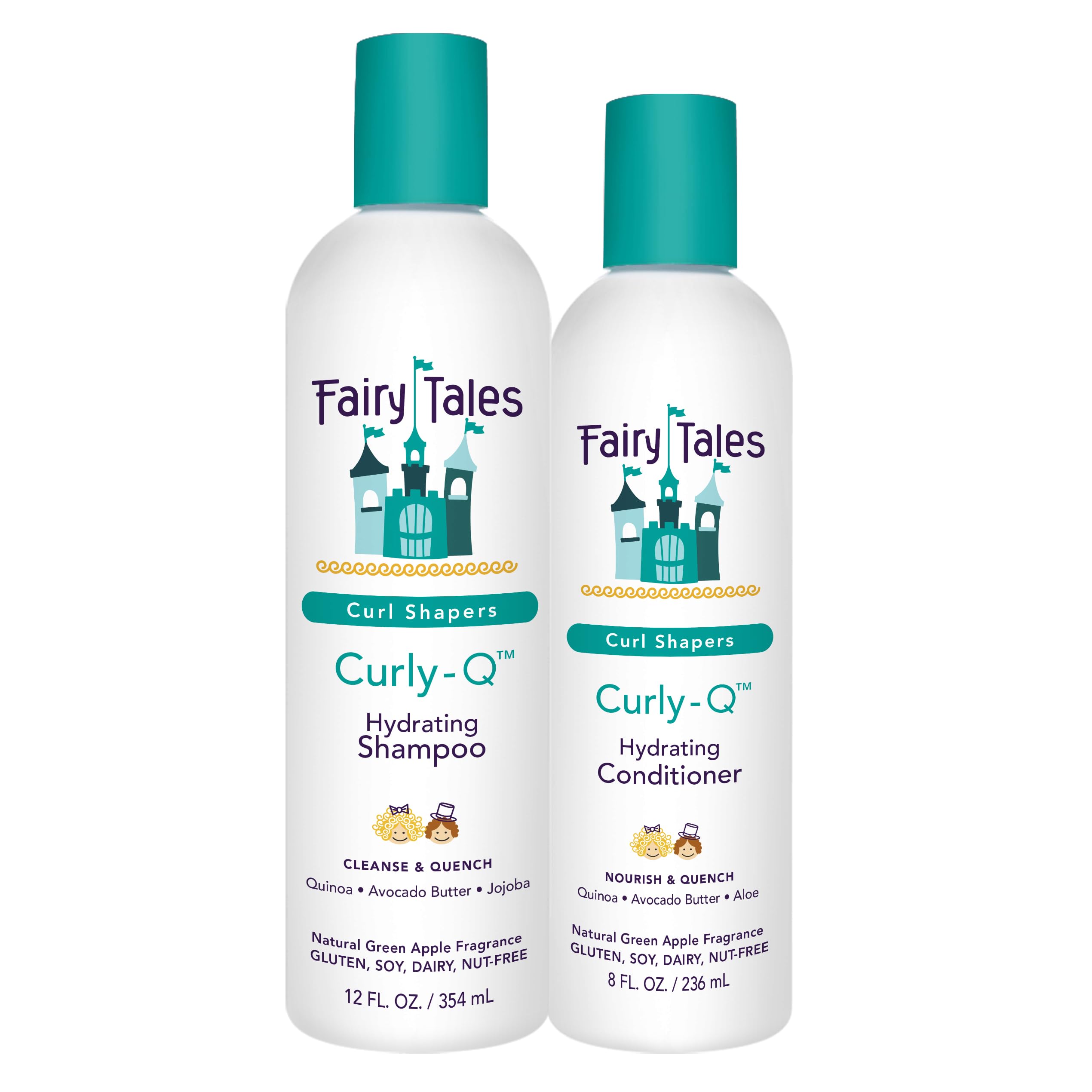 Champú Fairy Tales Curly Q en botella, hidrata y define rizos infantiles.