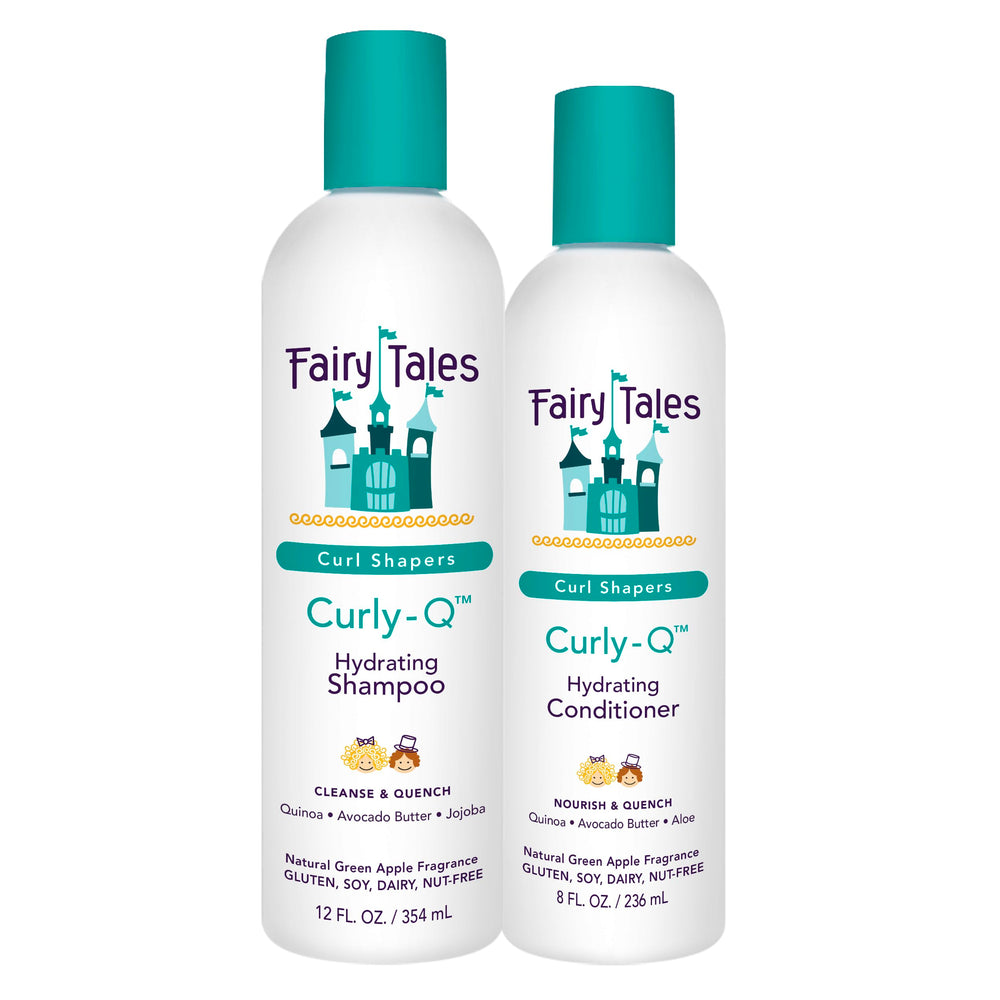 Champú Fairy Tales Curly Q en botella, hidrata y define rizos infantiles.