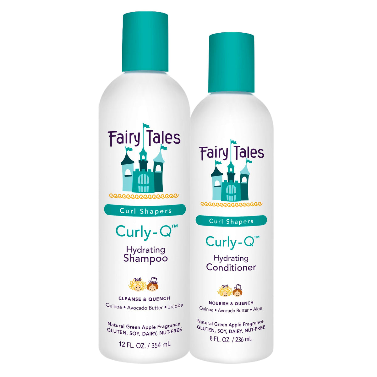 Champú Fairy Tales Curly Q en botella, hidrata y define rizos infantiles.