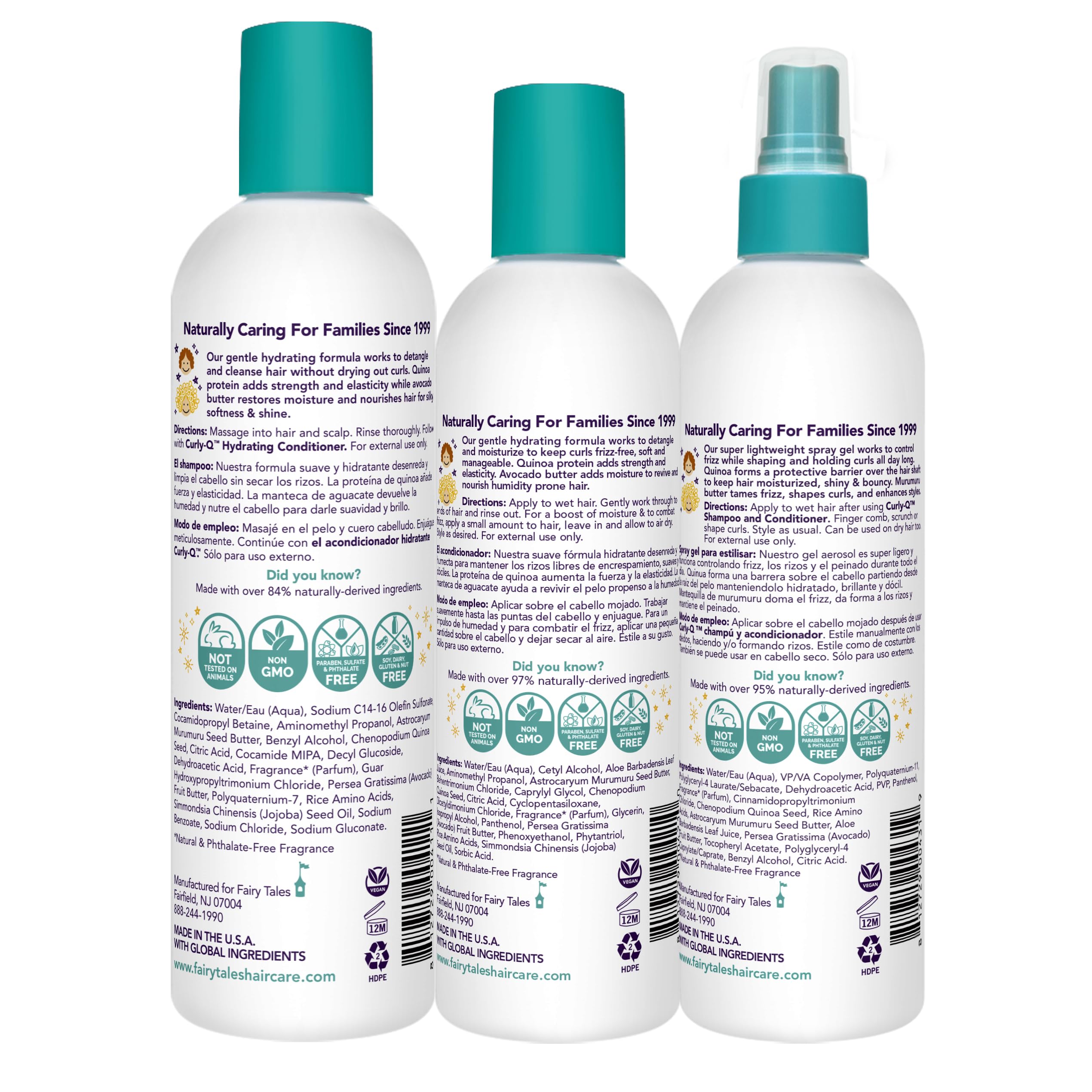 Fairy Tales Curly Q conditioner bottle close-up, nourishes curls for softer, defined waves.