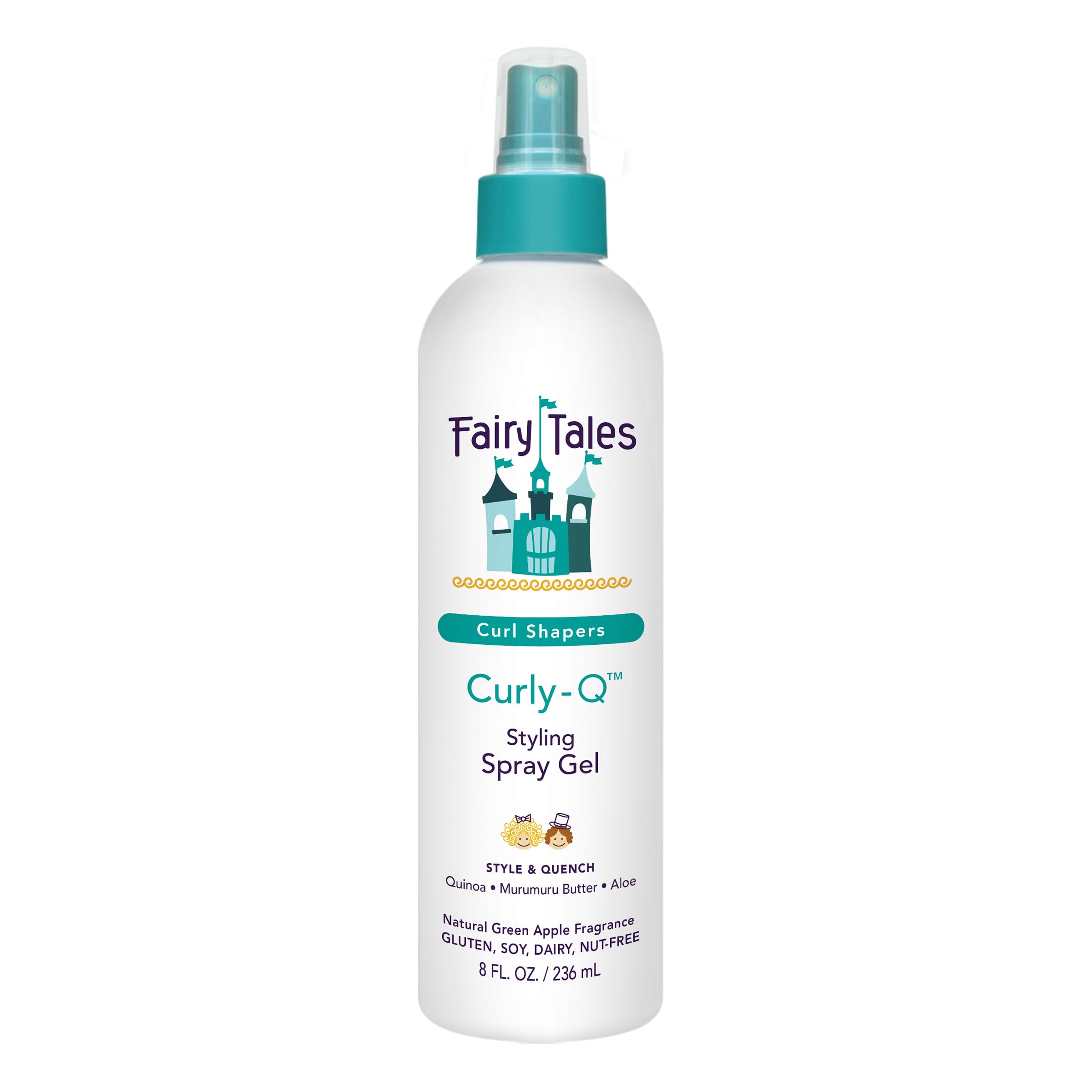 Fairy Tales Curly Q spray gel bottle close-up for defined kid curls.
