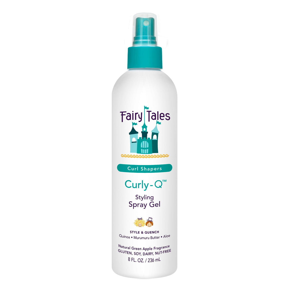 Fairy Tales Curly Q spray gel bottle close-up for defined kid curls.