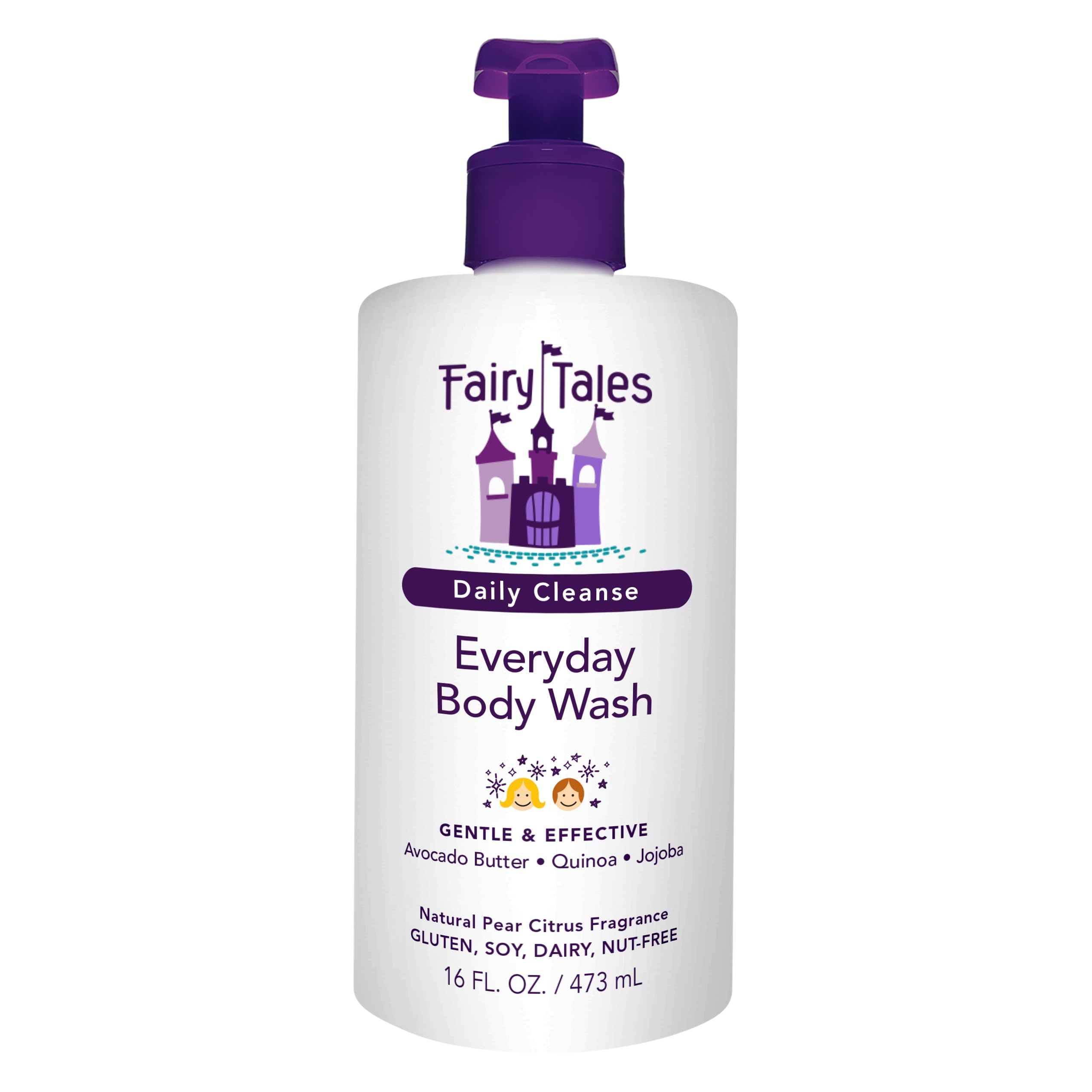 Fairy Tales gel de baño para niños, botella frontal, limpieza suave para piel sensible.