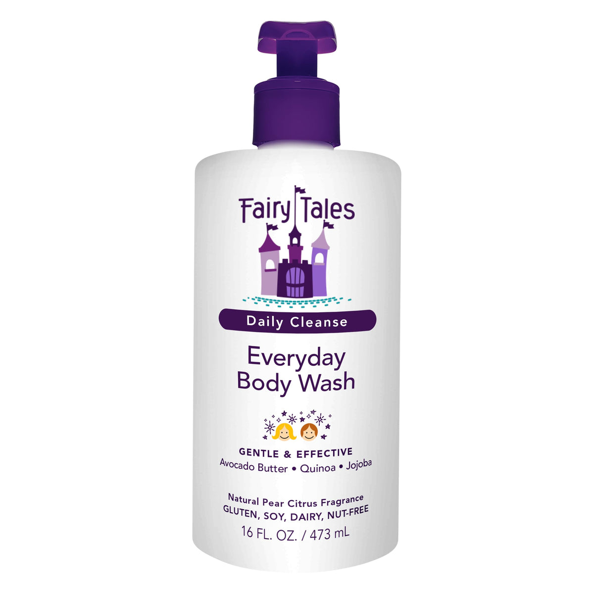 Fairy Tales gel de baño para niños, botella frontal, limpieza suave para piel sensible.