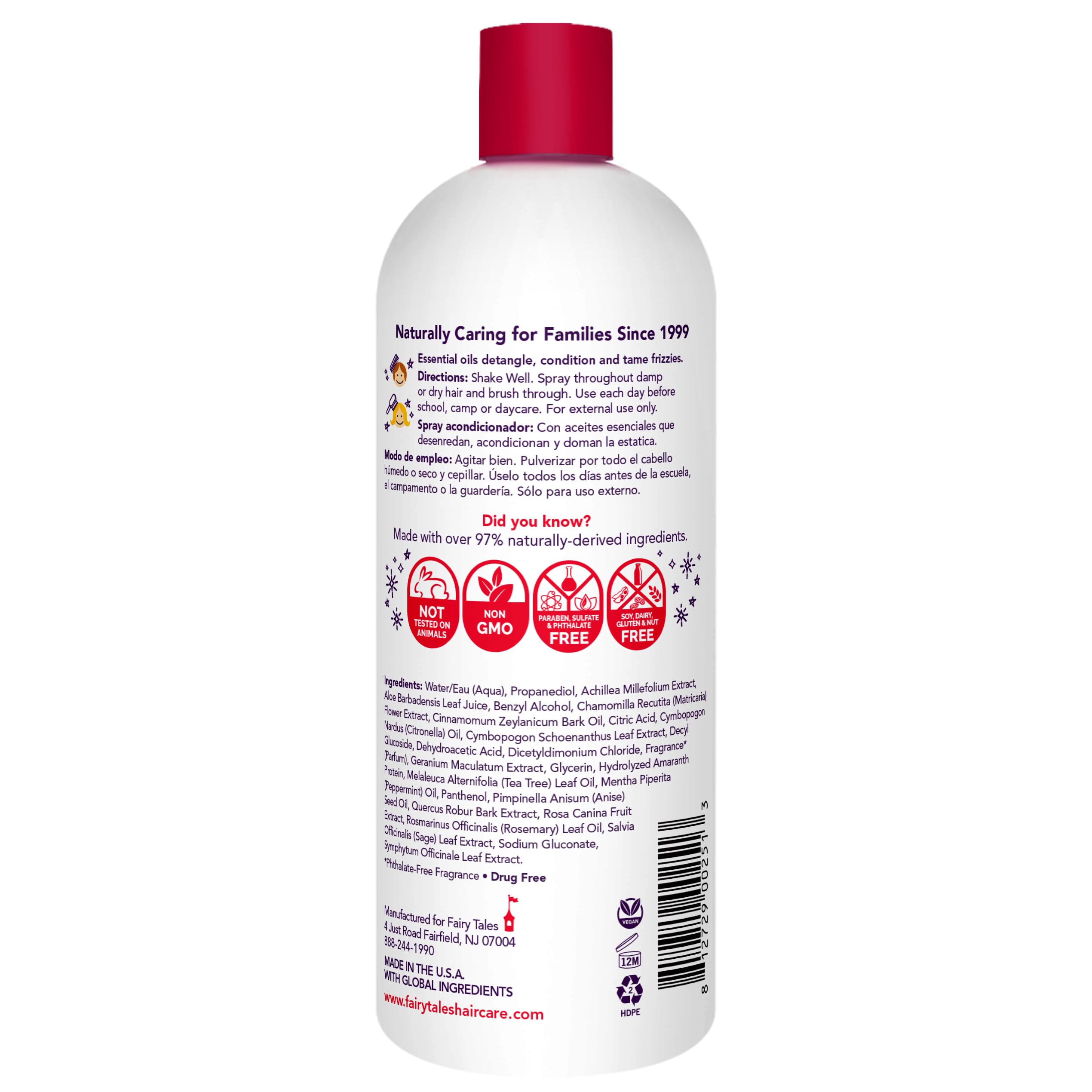 Fairy Tales Rosemary Repel, etiqueta frontal, aroma agradable para facilitar el peinado infantil.