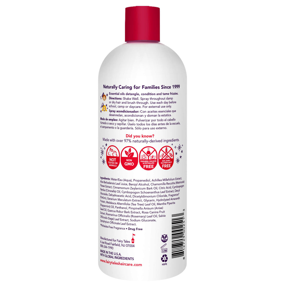 Fairy Tales Rosemary Repel, etiqueta frontal, aroma agradable para facilitar el peinado infantil.