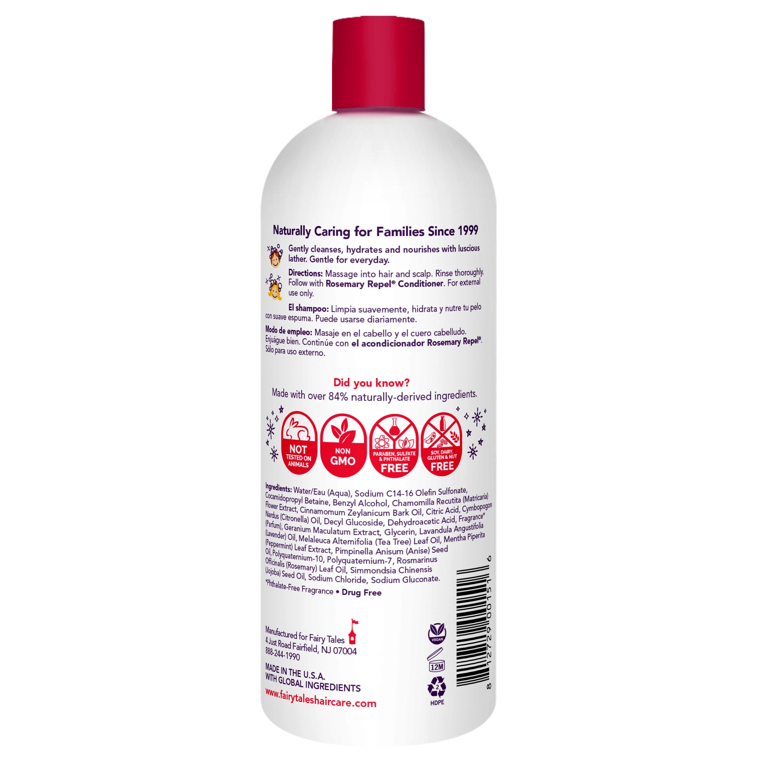 Fairy Tales Rosemary Repel shampoo label highlights essential oils for a kid-friendly aroma.