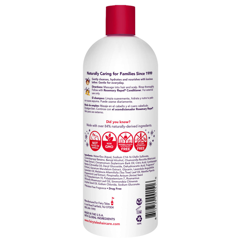 Fairy Tales Rosemary Repel shampoo label highlights essential oils for a kid-friendly aroma.