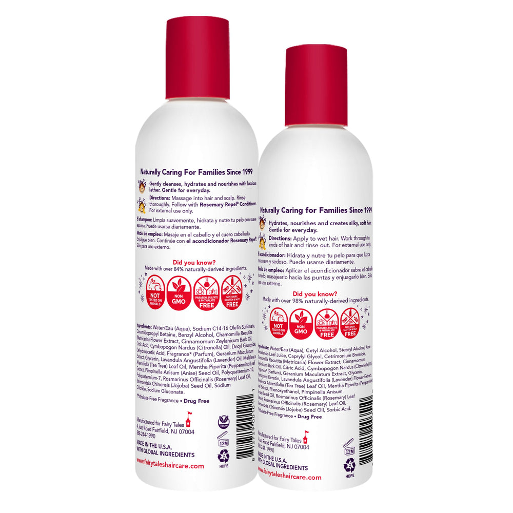 Fairy Tales Rosemary Repel shampoo label close-up showing essential oil blend.