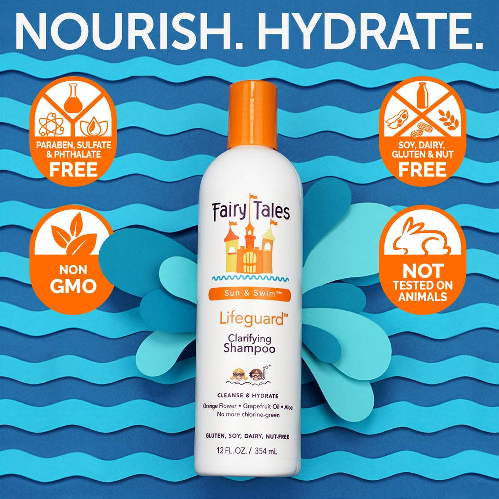 Grapefruit peel oil in Fairy Tales Swim Shampoo for gentle clarifying after sun exposure.