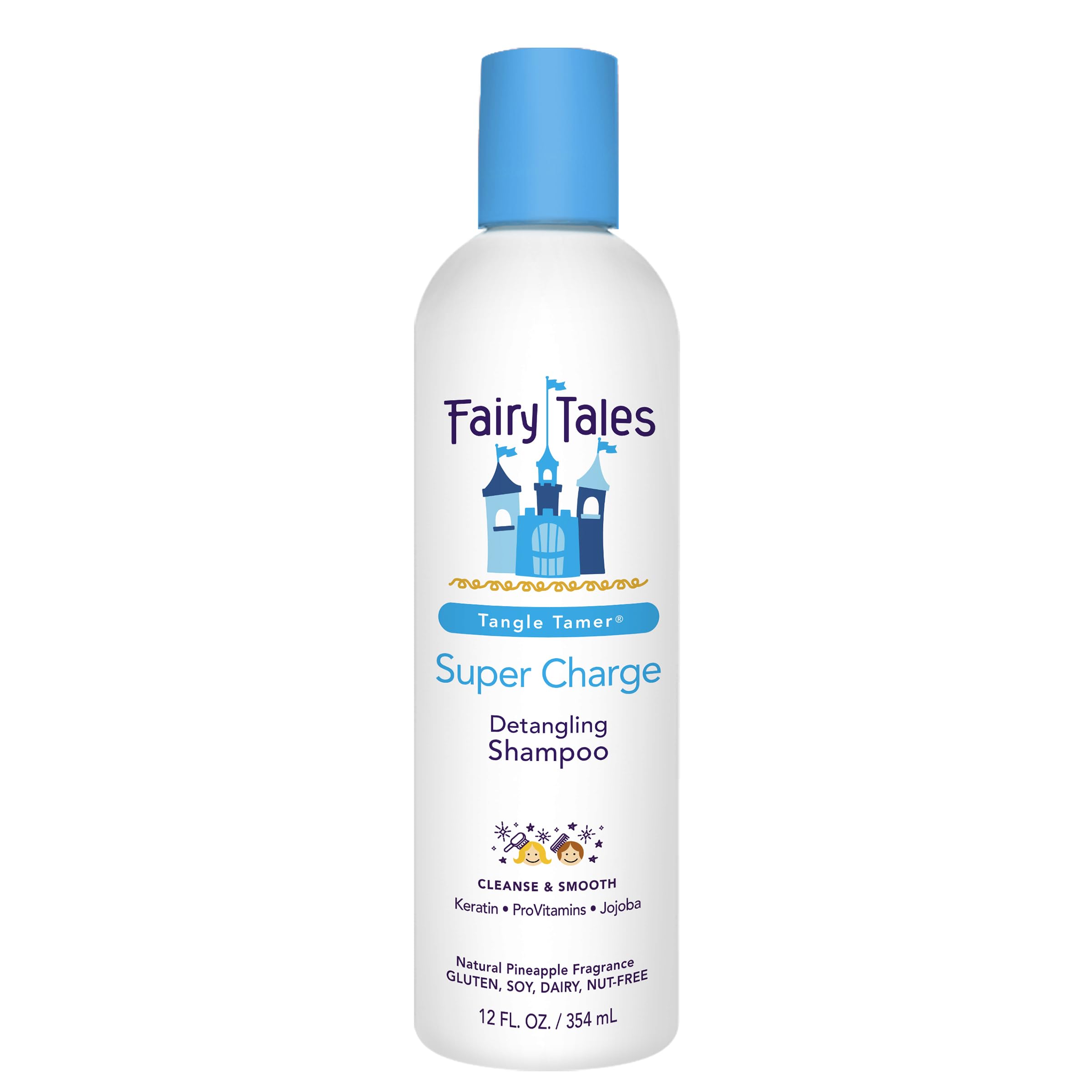 Shampoo Fairy Tales Tangle Tamer en botella, hidrata y suaviza el cabello de niños.