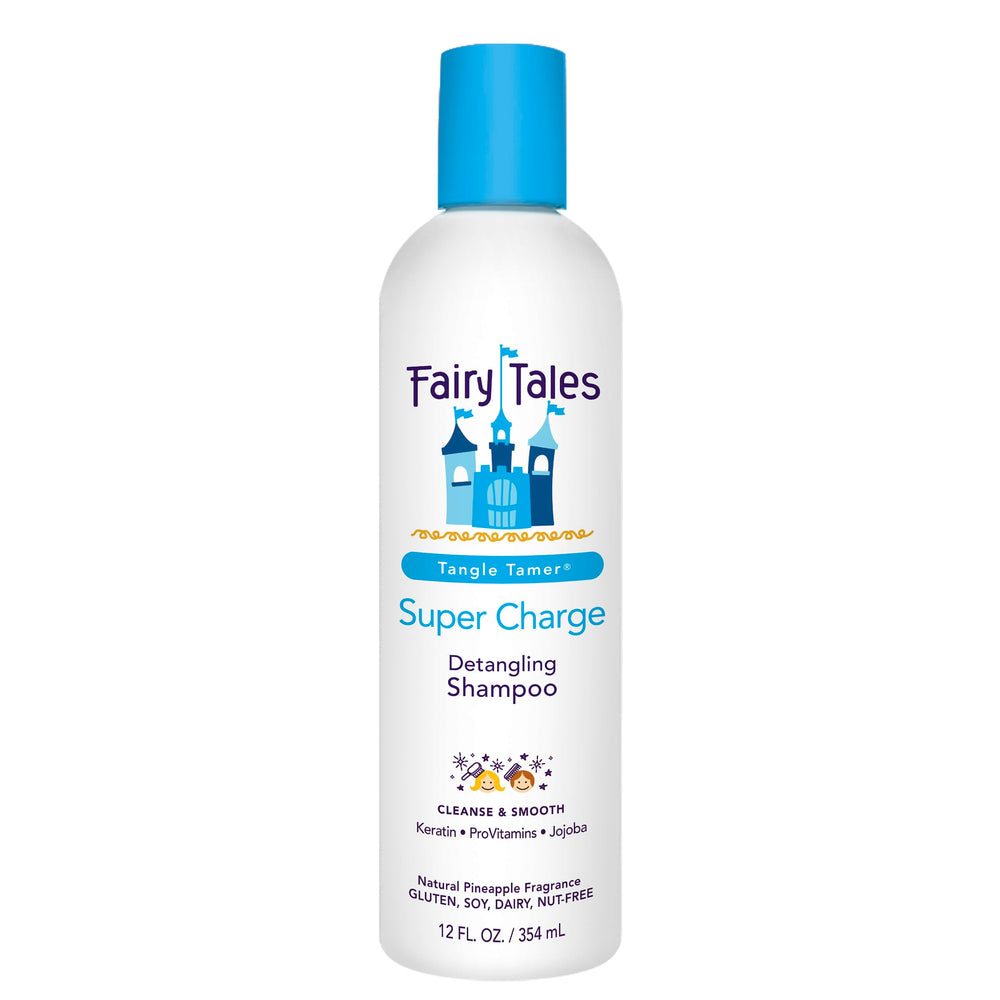 Shampoo Fairy Tales Tangle Tamer en botella, hidrata y suaviza el cabello de niños.