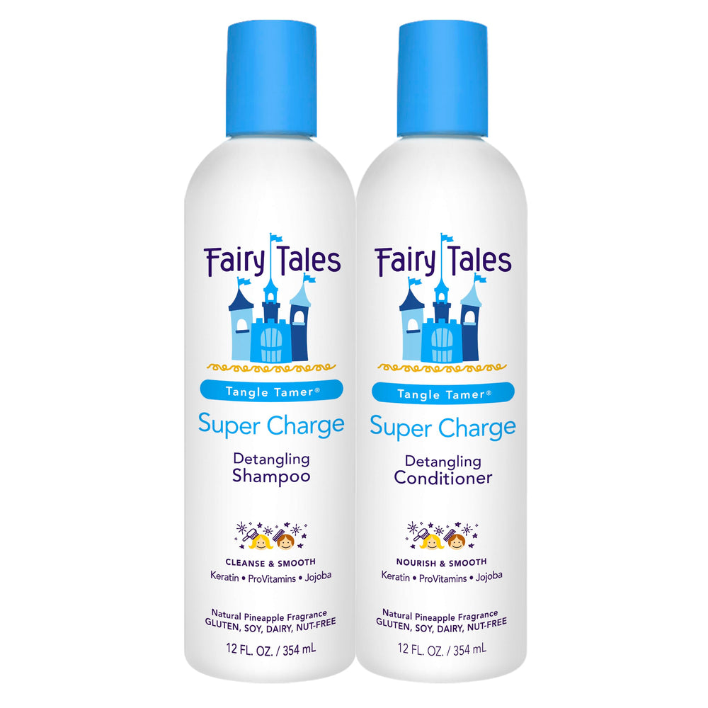 Fairy Tales Tangle Tamer shampoo envase, desenreda nudos y deja cabello suave.