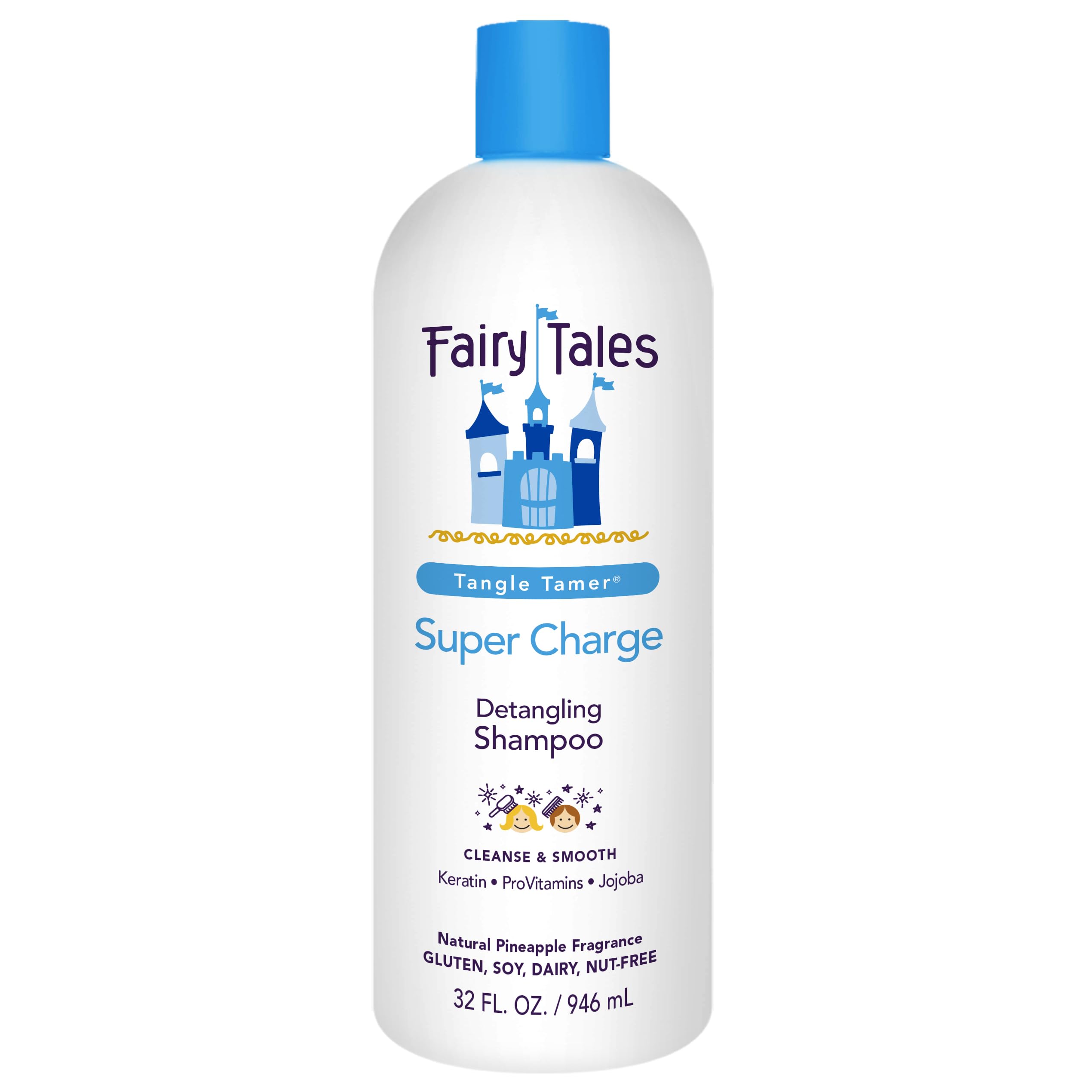 Fairy Tales Tangle Tamer shampoo bottle highlights detangling ease for unruly kid hair