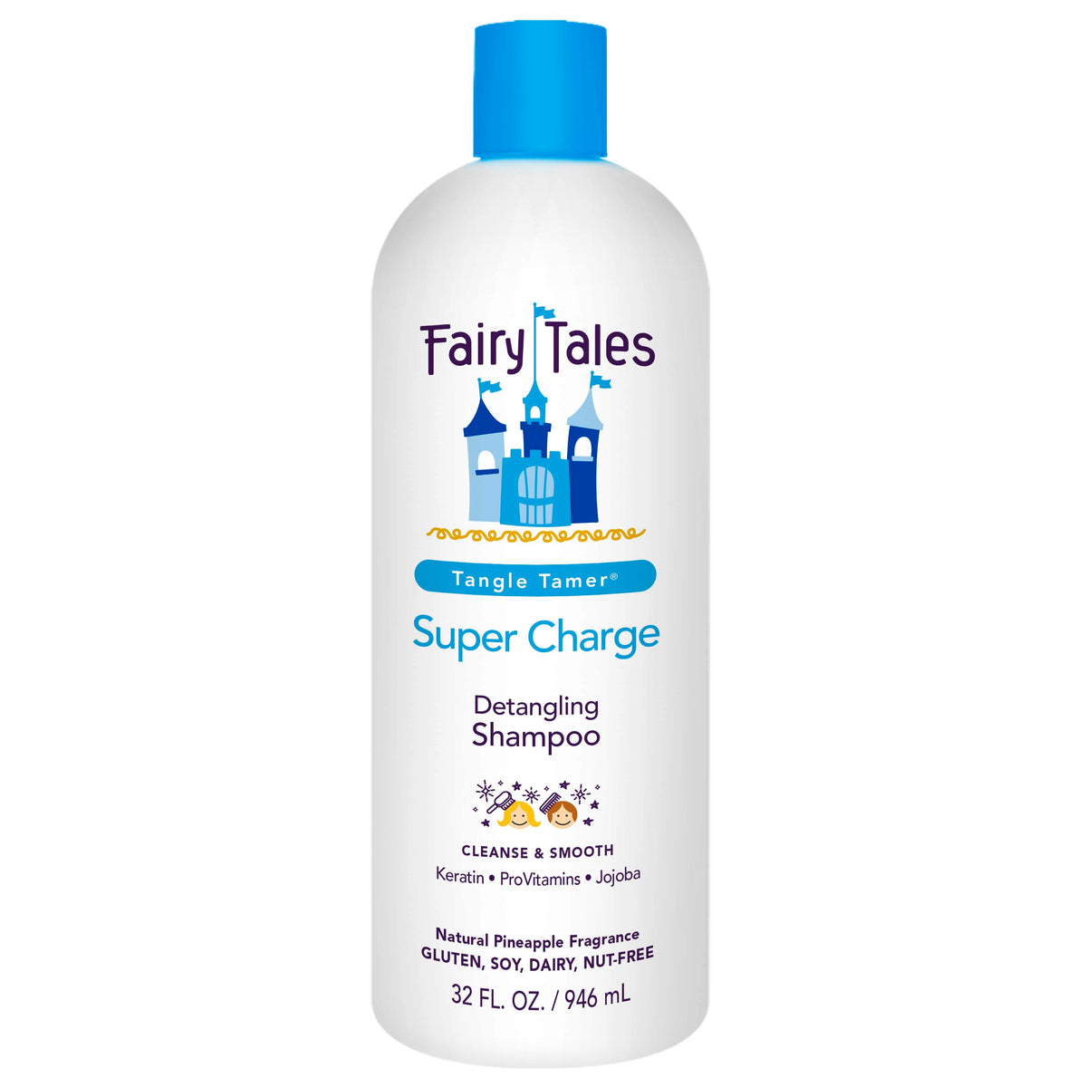 Fairy Tales Tangle Tamer shampoo bottle highlights detangling ease for unruly kid hair