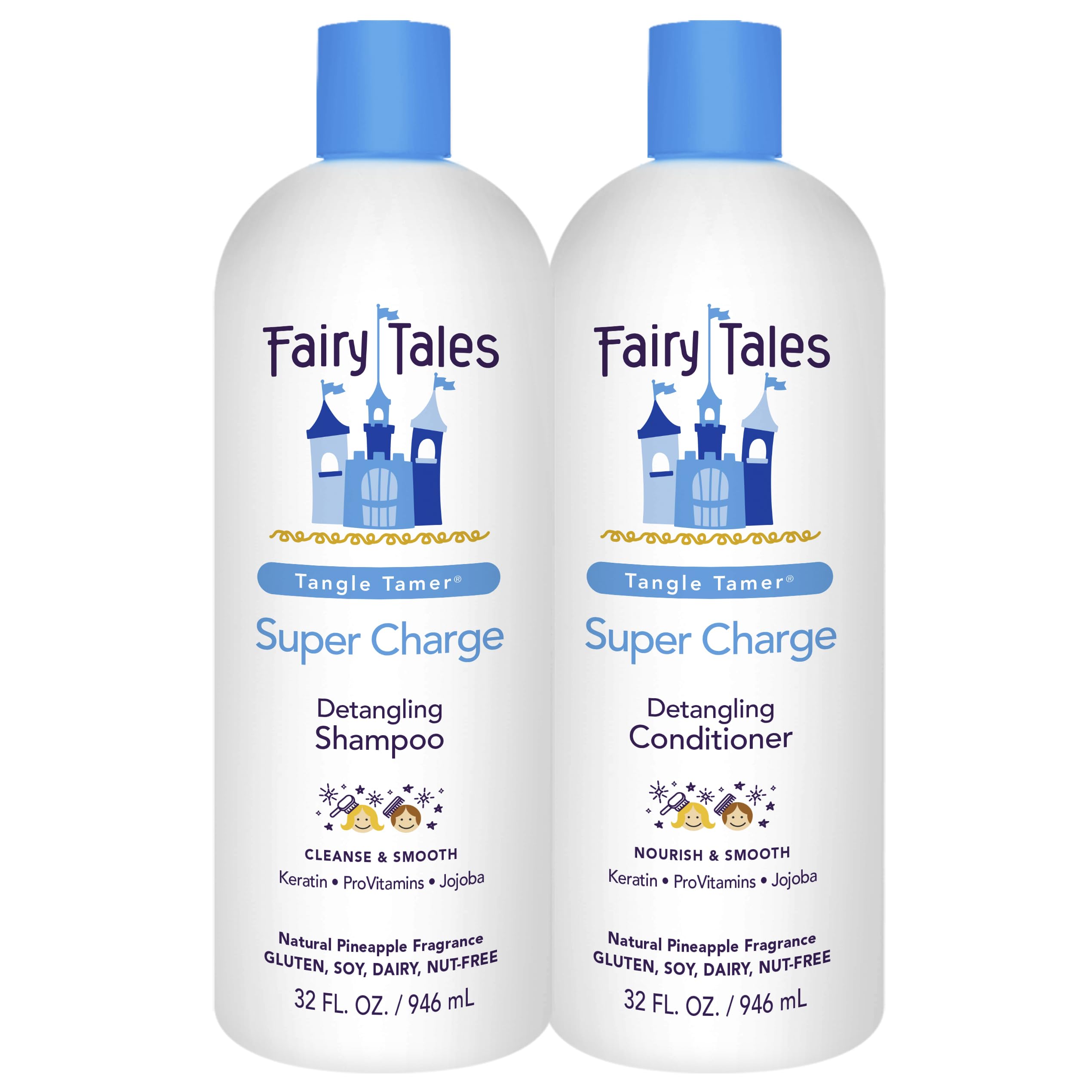 Fairy Tales Tangle Tamer Shampoo bottle highlights ultra-moisturizing detangling action for kids.