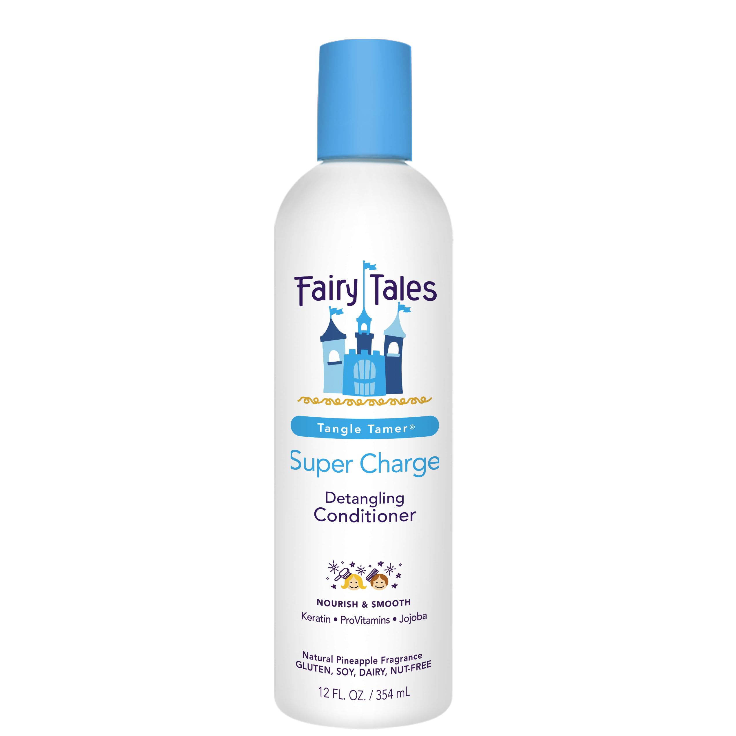 Fairy Tales Tangle Tamer Super Charge bottle illustrating detangling ease for kids