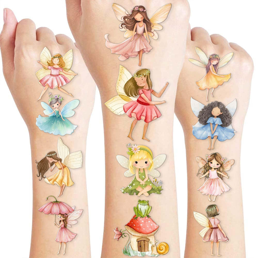96PCS Fairy Temporary Tattoos sheet 1 with woodland designs for party favors.