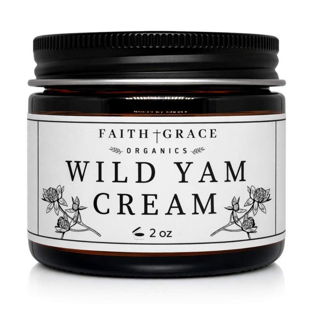 Faith and Grace Organics Wild Yam Cream bottle showcasing organic formula for hormonal balance.