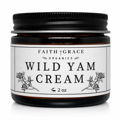 Faith and Grace Organics Wild Yam Cream bottle showcasing organic formula for hormonal balance.