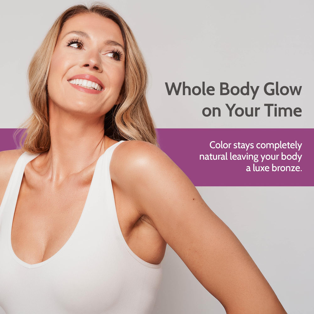 Quick-dry self-tanner leaves natural bronze with minimal wait.