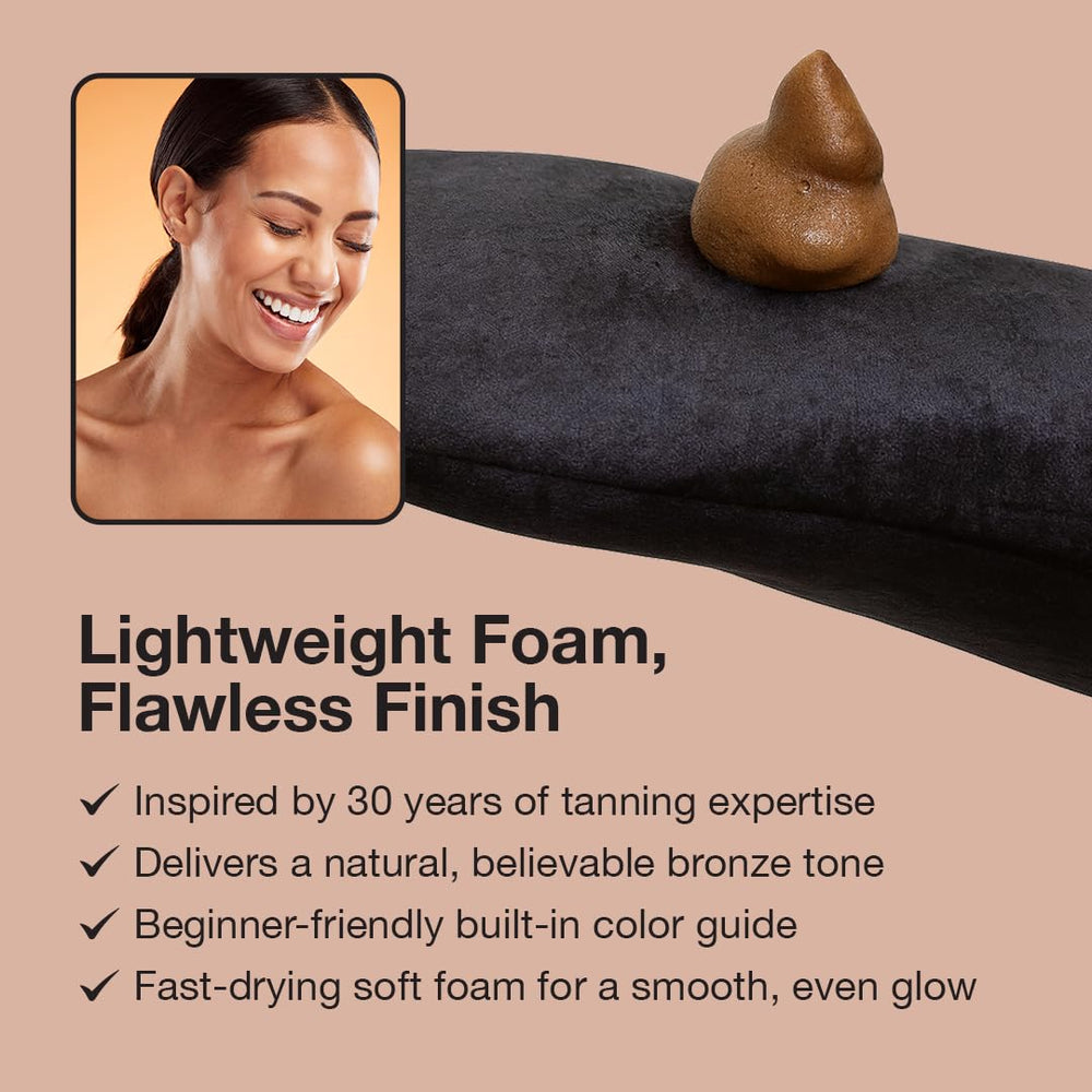 Fake Bake Flawless Mousse color guide helps precise bronzing.