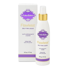 Fake Bake Flawless self-tanning bottle showing color guide for even application.